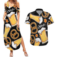 Oktoberfest Couples Matching Summer Maxi Dress and Hawaiian Shirt with Beer Mug and Pretzel Illustration Black Festive - Wonder Print Shop