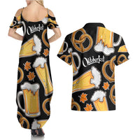 Oktoberfest Couples Matching Summer Maxi Dress and Hawaiian Shirt with Beer Mug and Pretzel Illustration Black Festive - Wonder Print Shop