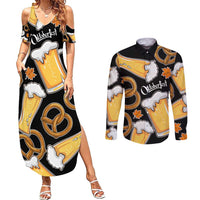 Oktoberfest Couples Matching Summer Maxi Dress and Long Sleeve Button Shirt with Beer Mug and Pretzel Illustration Black Festive - Wonder Print Shop
