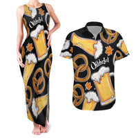 Oktoberfest Couples Matching Tank Maxi Dress and Hawaiian Shirt with Beer Mug and Pretzel Illustration Black Festive - Wonder Print Shop