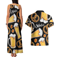 Oktoberfest Couples Matching Tank Maxi Dress and Hawaiian Shirt with Beer Mug and Pretzel Illustration Black Festive - Wonder Print Shop