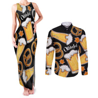 Oktoberfest Couples Matching Tank Maxi Dress and Long Sleeve Button Shirt with Beer Mug and Pretzel Illustration Black Festive - Wonder Print Shop