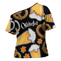 Oktoberfest Cross Shoulder Shirt with Beer Mug and Pretzel Illustration Black Festive - Wonder Print Shop