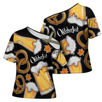 Oktoberfest Cross Shoulder Shirt with Beer Mug and Pretzel Illustration Black Festive - Wonder Print Shop