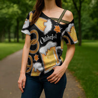 Oktoberfest Cross Shoulder Shirt with Beer Mug and Pretzel Illustration Black Festive - Wonder Print Shop