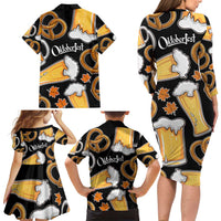 Oktoberfest Family Matching Long Sleeve Bodycon Dress and Hawaiian Shirt with Beer Mug and Pretzel Illustration Black Festive - Wonder Print Shop