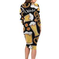 Oktoberfest Family Matching Long Sleeve Bodycon Dress and Hawaiian Shirt with Beer Mug and Pretzel Illustration Black Festive - Wonder Print Shop