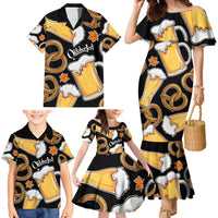 Oktoberfest Family Matching Mermaid Dress and Hawaiian Shirt with Beer Mug and Pretzel Illustration Black Festive - Wonder Print Shop