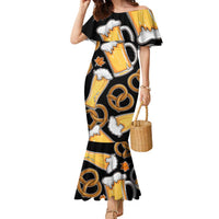 Oktoberfest Family Matching Mermaid Dress and Hawaiian Shirt with Beer Mug and Pretzel Illustration Black Festive - Wonder Print Shop