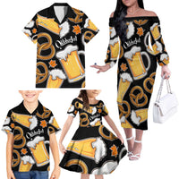 Oktoberfest Family Matching Off The Shoulder Long Sleeve Dress and Hawaiian Shirt with Beer Mug and Pretzel Illustration Black Festive - Wonder Print Shop