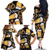 Oktoberfest Family Matching Off The Shoulder Long Sleeve Dress and Hawaiian Shirt with Beer Mug and Pretzel Illustration Black Festive - Wonder Print Shop