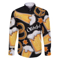 Oktoberfest Family Matching Off The Shoulder Long Sleeve Dress and Hawaiian Shirt with Beer Mug and Pretzel Illustration Black Festive - Wonder Print Shop