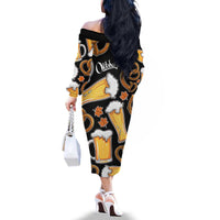 Oktoberfest Family Matching Off The Shoulder Long Sleeve Dress and Hawaiian Shirt with Beer Mug and Pretzel Illustration Black Festive - Wonder Print Shop