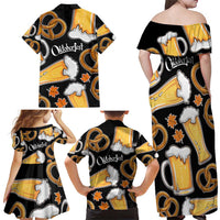 Oktoberfest Family Matching Off Shoulder Maxi Dress and Hawaiian Shirt with Beer Mug and Pretzel Illustration Black Festive - Wonder Print Shop