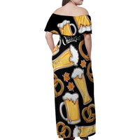 Oktoberfest Family Matching Off Shoulder Maxi Dress and Hawaiian Shirt with Beer Mug and Pretzel Illustration Black Festive - Wonder Print Shop