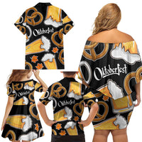 Oktoberfest Family Matching Off Shoulder Short Dress and Hawaiian Shirt with Beer Mug and Pretzel Illustration Black Festive - Wonder Print Shop
