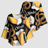 Oktoberfest Kimono Sleeve Blouse with Beer Mug and Pretzel Illustration Black Festive - Wonder Print Shop