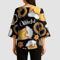 Oktoberfest Kimono Sleeve Blouse with Beer Mug and Pretzel Illustration Black Festive - Wonder Print Shop