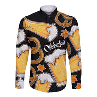 Oktoberfest Long Sleeve Button Shirt with Beer Mug and Pretzel Illustration Black Festive - Wonder Print Shop