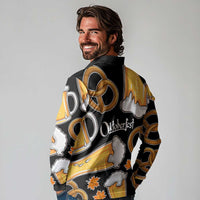 Oktoberfest Long Sleeve Polo Shirt with Beer Mug and Pretzel Illustration Black Festive - Wonder Print Shop