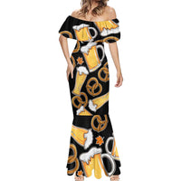 Oktoberfest Mermaid Dress with Beer Mug and Pretzel Illustration Black Festive - Wonder Print Shop