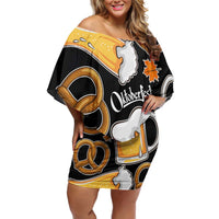 Oktoberfest Off Shoulder Short Dress with Beer Mug and Pretzel Illustration Black Festive - Wonder Print Shop