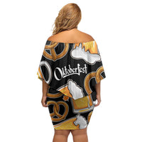Oktoberfest Off Shoulder Short Dress with Beer Mug and Pretzel Illustration Black Festive - Wonder Print Shop