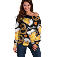 Oktoberfest Off Shoulder Sweater with Beer Mug and Pretzel Illustration Black Festive - Wonder Print Shop