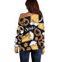 Oktoberfest Off Shoulder Sweater with Beer Mug and Pretzel Illustration Black Festive - Wonder Print Shop