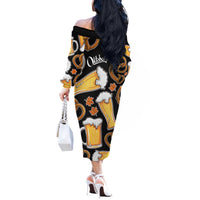 Oktoberfest Off The Shoulder Long Sleeve Dress with Beer Mug and Pretzel Illustration Black Festive - Wonder Print Shop
