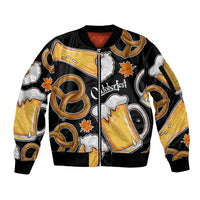 Oktoberfest Sleeve Zip Bomber Jacket with Beer Mug and Pretzel Illustration Black Festive - Wonder Print Shop