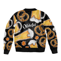 Oktoberfest Sleeve Zip Bomber Jacket with Beer Mug and Pretzel Illustration Black Festive - Wonder Print Shop