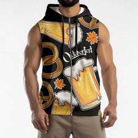 Oktoberfest Sleeveless Zip Hoodie with Beer Mug and Pretzel Illustration Black Festive - Wonder Print Shop