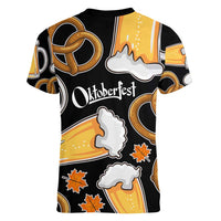 Oktoberfest Women V-Neck T-Shirt with Beer Mug and Pretzel Illustration Black Festive - Wonder Print Shop