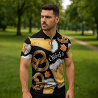 Oktoberfest Zipper Polo Shirt with Beer Mug and Pretzel Illustration Black Festive - Wonder Print Shop