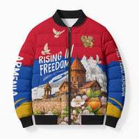 Personalized Armenia Heritage Bomber Puffer Jacket Ararat Monastery Rising In Freedom Patriotic Doves
