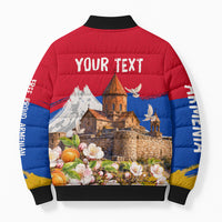 Personalized Armenia Heritage Bomber Puffer Jacket Ararat Monastery Rising In Freedom Patriotic Doves