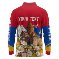 Personalized Armenia Heritage Long Sleeve Polo Shirt Ararat Monastery Rising In Freedom Patriotic Doves