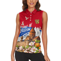 Personalized Armenia Heritage Women Sleeveless Polo Shirt Ararat Monastery Rising In Freedom Patriotic Doves