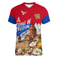 Personalized Armenia Heritage Women V-Neck T-Shirt Ararat Monastery Rising In Freedom Patriotic Doves