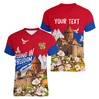 Personalized Armenia Heritage Women V-Neck T-Shirt Ararat Monastery Rising In Freedom Patriotic Doves