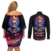 King Skeleton Couples Matching Off Shoulder Short Dress and Long Sleeve Button Shirts I Do What I Want - Wonder Print Shop