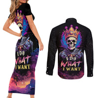 King Skeleton Couples Matching Short Sleeve Bodycon Dress and Long Sleeve Button Shirts I Do What I Want - Wonder Print Shop