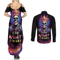 King Skeleton Couples Matching Summer Maxi Dress and Long Sleeve Button Shirts I Do What I Want - Wonder Print Shop
