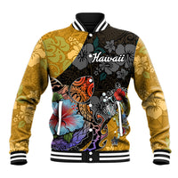 Hawaii Polynesian Baseball Jacket Turtles and Hibiscus Flower Gradient Pattern - Wonder Print Shop