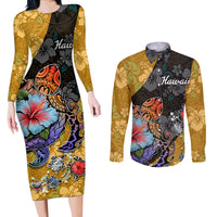 Hawaii Polynesian Couples Matching Long Sleeve Bodycon Dress and Long Sleeve Button Shirts Turtles and Hibiscus Flower Gradient Pattern - Wonder Print Shop