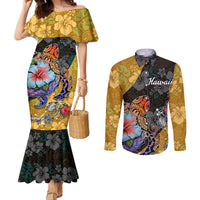 hawaii-polynesian-couples-matching-mermaid-dress-and-long-sleeve-button-shirts-turtles-and-hibiscus-flower-gradient-pattern