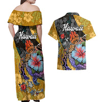 Hawaii Polynesian Couples Matching Off Shoulder Maxi Dress and Hawaiian Shirt Turtles and Hibiscus Flower Gradient Pattern - Wonder Print Shop