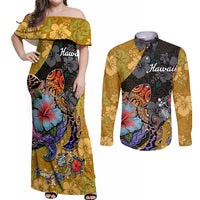 Hawaii Polynesian Couples Matching Off Shoulder Maxi Dress and Long Sleeve Button Shirts Turtles and Hibiscus Flower Gradient Pattern - Wonder Print Shop