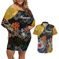 Hawaii Polynesian Couples Matching Off Shoulder Short Dress and Hawaiian Shirt Turtles and Hibiscus Flower Gradient Pattern - Wonder Print Shop